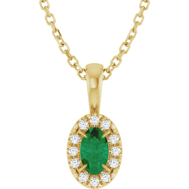 14K Gold Emerald Lab-Grown Emerald Halo-Style Necklace or Pendant - Yellow Gold