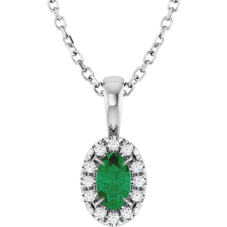 14K Gold Emerald Lab-Grown Emerald Halo-Style Necklace or Pendant - White Gold
