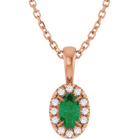 14K Gold Emerald Natural Emerald Halo-Style Necklace or Pendant - Rose Gold