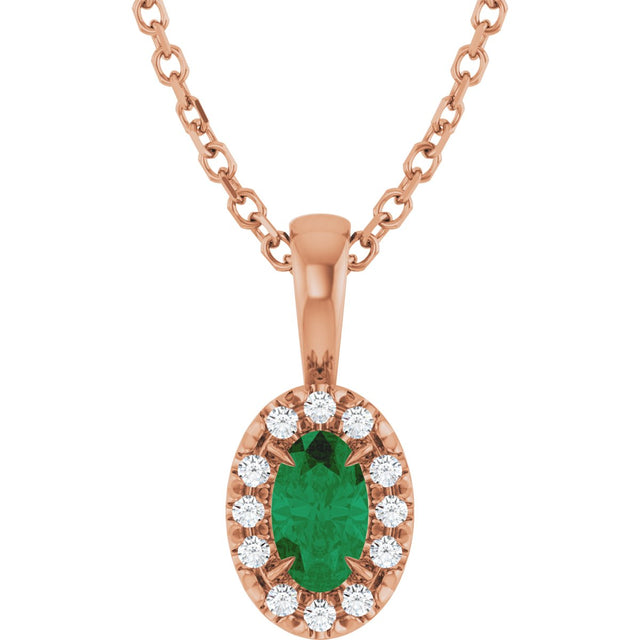 14K Gold Emerald Natural Emerald Halo-Style Necklace or Pendant - Rose Gold