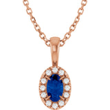 14K Gold Emerald Natural Blue Sapphire Halo-Style Necklace or Pendant - Rose Gold