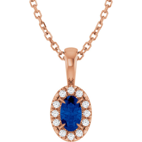 14K Gold Emerald Natural Blue Sapphire Halo-Style Necklace or Pendant - Rose Gold