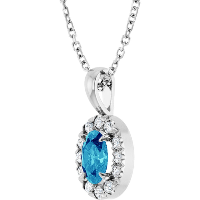 14K Gold Emerald Natural Blue Zircon Halo-Style Necklace or Pendant - White Gold - view 2