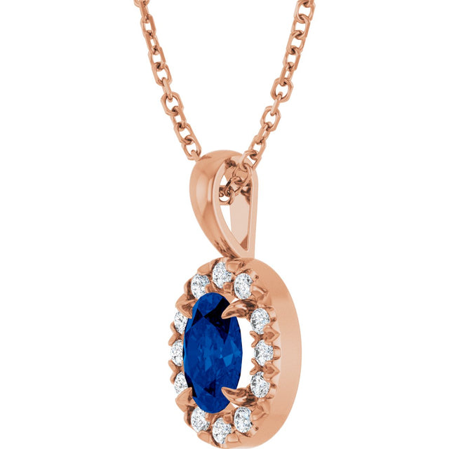 14K Gold Emerald Natural Blue Sapphire Halo-Style Necklace or Pendant - Rose Gold - view 2