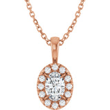 14K Gold Emerald Natural White Sapphire Halo-Style Necklace or Pendant - Rose Gold