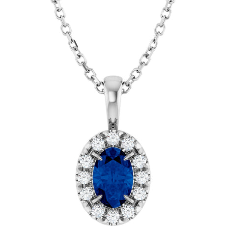 Platinum Emerald Lab-Grown Blue Sapphire Halo-Style Necklace or Pendant