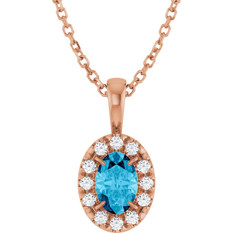 14K Gold Emerald Natural Aquamarine Halo-Style Necklace or Pendant - Rose Gold