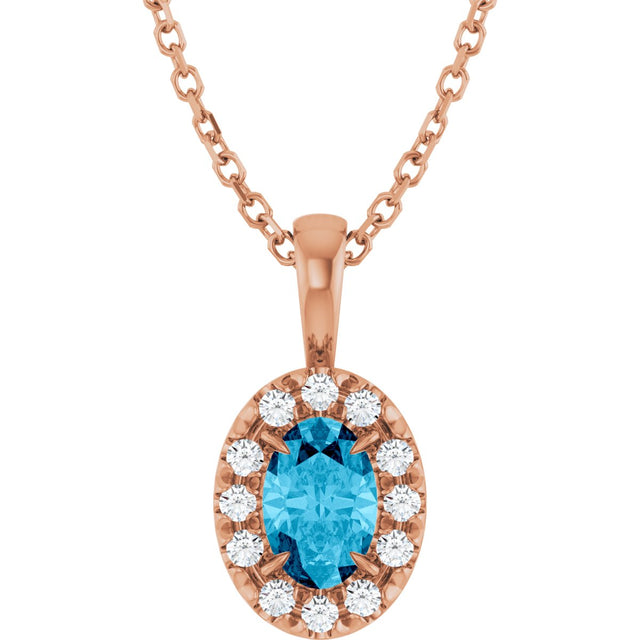 14K Gold Emerald Natural Aquamarine Halo-Style Necklace or Pendant - Rose Gold