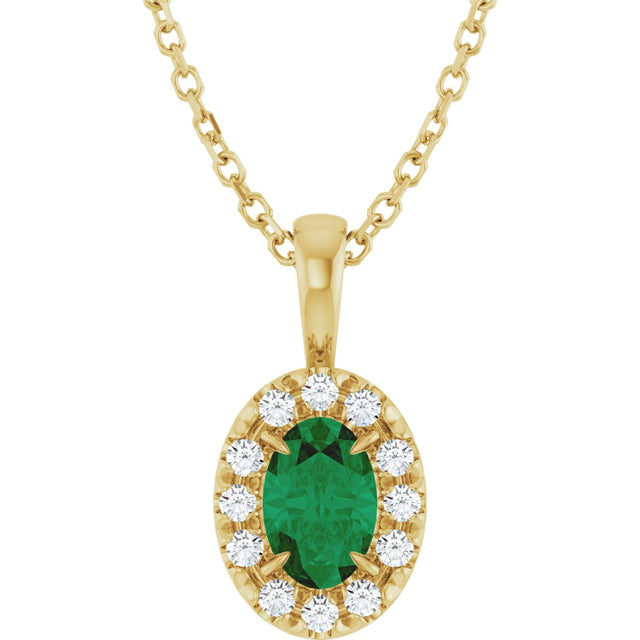 14K Gold Emerald Lab-Grown Emerald Halo-Style Necklace or Pendant - Yellow Gold