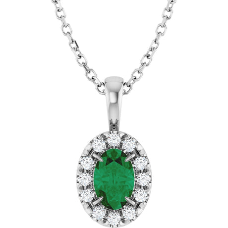 14K Gold Emerald Lab-Grown Emerald Halo-Style Necklace or Pendant - White Gold