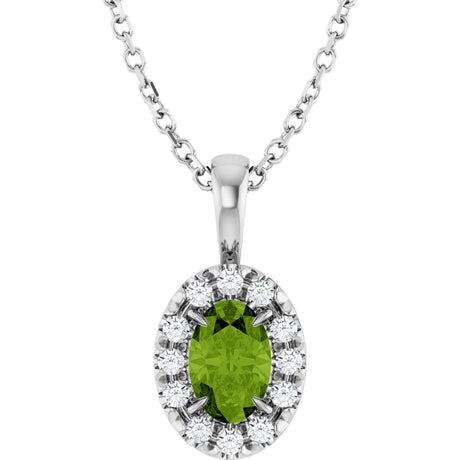 14K Gold Emerald Natural Peridot Halo-Style Necklace or Pendant - White Gold