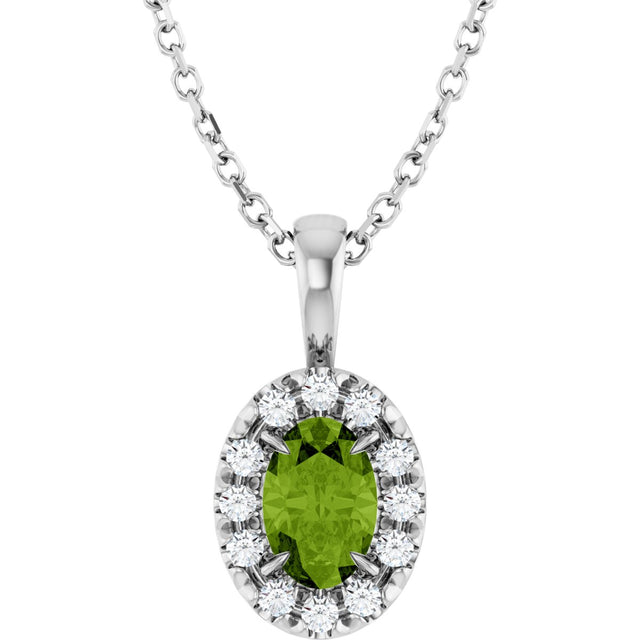 14K Gold Emerald Natural Peridot Halo-Style Necklace or Pendant - White Gold