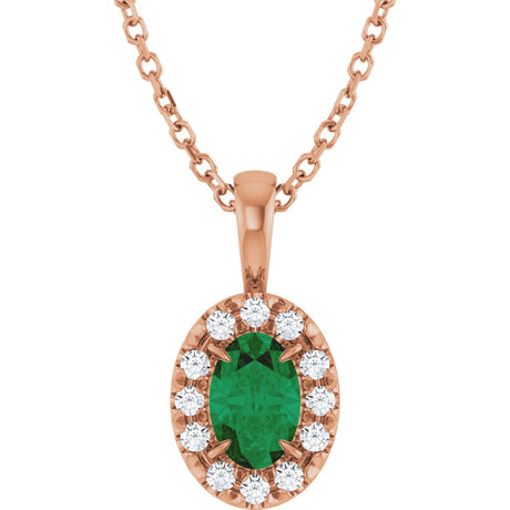 14K Gold Emerald Natural Emerald Halo-Style Necklace or Pendant - Rose Gold