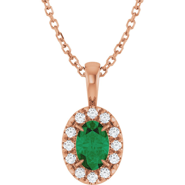 14K Gold Emerald Natural Emerald Halo-Style Necklace or Pendant - Rose Gold