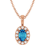 14K Gold Emerald Natural Blue Zircon Halo-Style Necklace or Pendant - Rose Gold