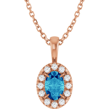 14K Gold Emerald Natural Blue Zircon Halo-Style Necklace or Pendant - Rose Gold