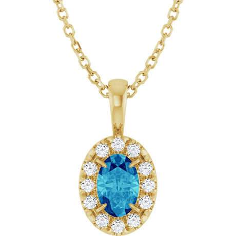 14K Gold Emerald Natural Blue Zircon Halo-Style Necklace or Pendant - Yellow Gold