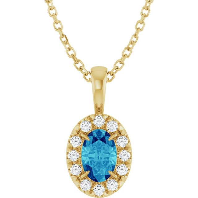14K Gold Emerald Natural Blue Zircon Halo-Style Necklace or Pendant - Yellow Gold