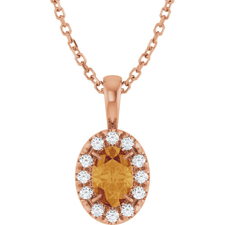 14K Gold Emerald Natural Citrine Halo-Style Necklace or Pendant - Rose Gold
