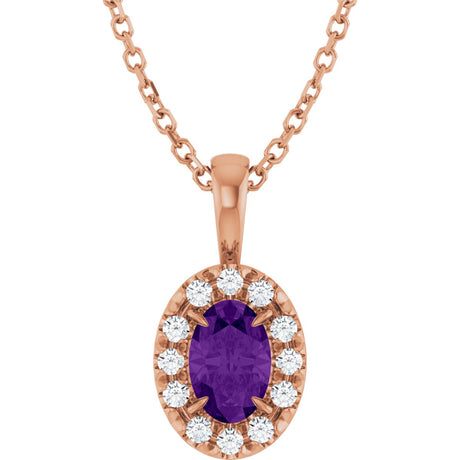 14K Gold Emerald Natural Amethyst Halo-Style Necklace or Pendant - Rose Gold