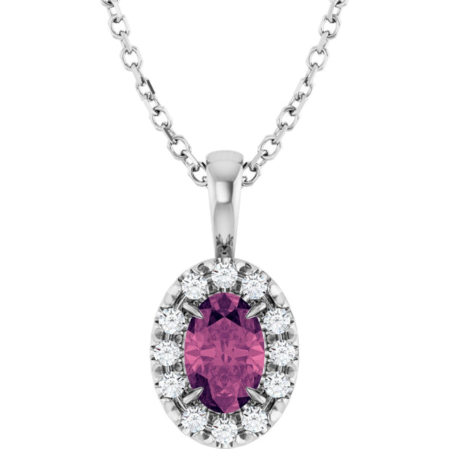 14K Gold Emerald Natural Pink Tourmaline Halo-Style Necklace or Pendant - White Gold