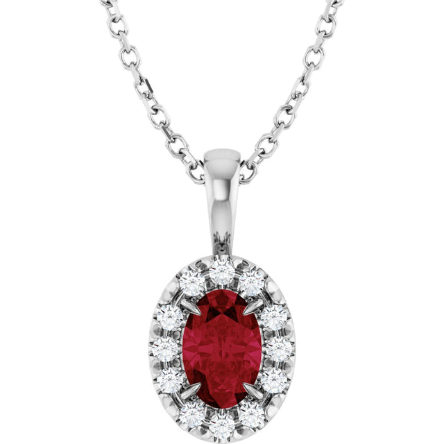 14K Gold Emerald Lab-Grown Ruby Halo-Style Necklace or Pendant - White Gold