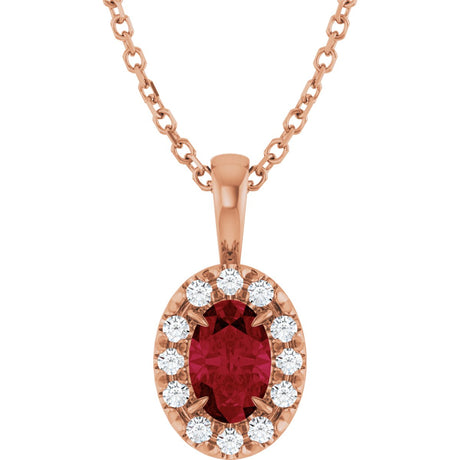 14K Gold Emerald Lab-Grown Ruby Halo-Style Necklace or Pendant - Rose Gold