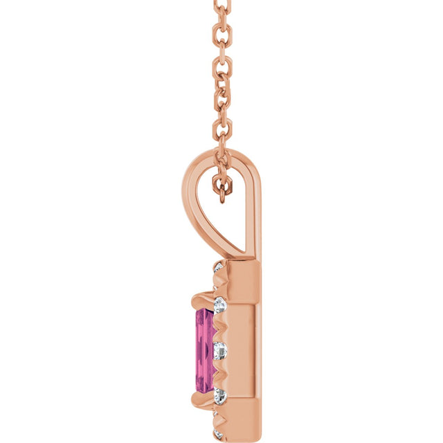 14K Gold Emerald Natural Pink Tourmaline Halo-Style Necklace or Pendant - Rose Gold - view 3