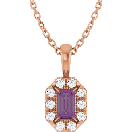 14K Gold Emerald Lab-Grown Alexandrite Halo-Style Necklace or Pendant - Rose Gold