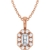 14K Gold Emerald Natural White Sapphire Halo-Style Necklace or Pendant - Rose Gold