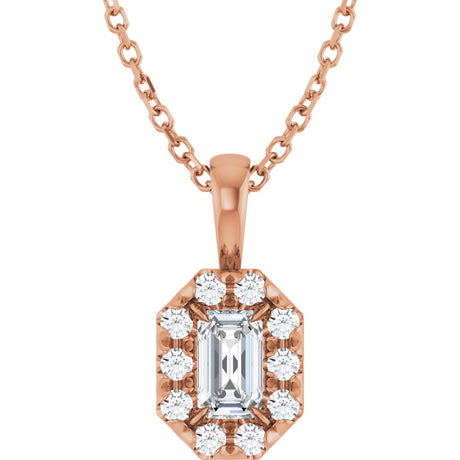 14K Gold Emerald Natural White Sapphire Halo-Style Necklace or Pendant - Rose Gold