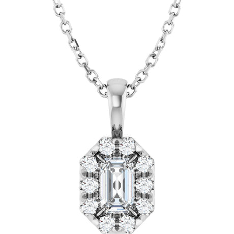 14K Gold Emerald Natural White Sapphire Halo-Style Necklace or Pendant - White Gold