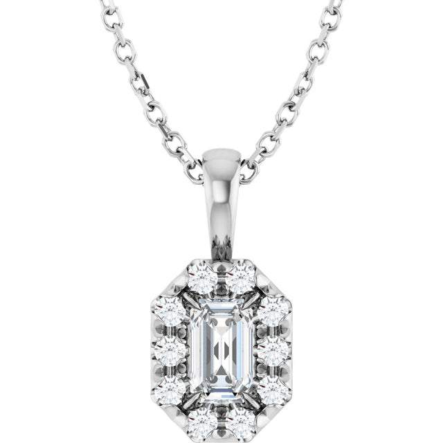 14K Gold Emerald Natural White Sapphire Halo-Style Necklace or Pendant - White Gold