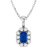 14K Gold Emerald Natural Blue Sapphire Halo-Style Necklace or Pendant - White Gold