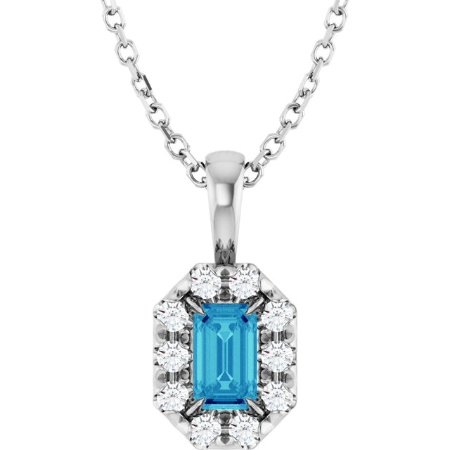 Platinum Emerald Natural Blue Zircon Halo-Style Necklace or Pendant
