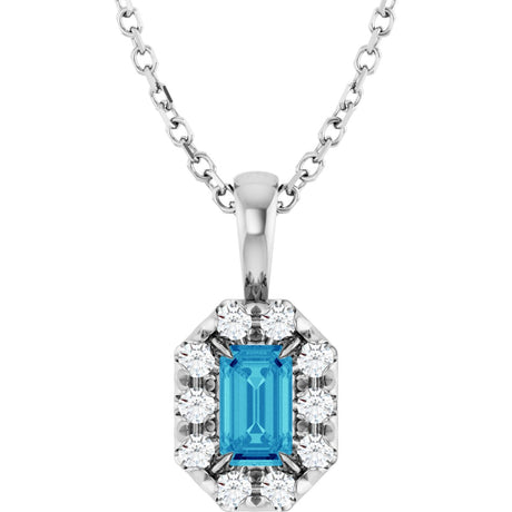 14K Gold Emerald Natural Blue Zircon Halo-Style Necklace or Pendant - White Gold