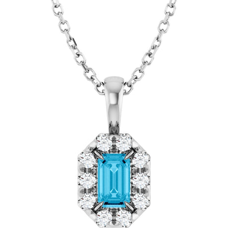 14K Gold Emerald Natural Aquamarine Halo-Style Necklace or Pendant - White Gold