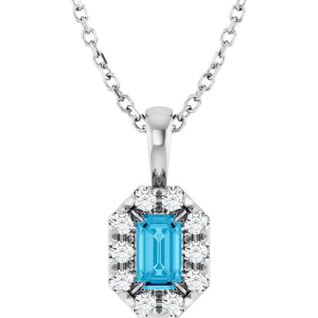 Platinum Emerald Natural Aquamarine Halo-Style Necklace or Pendant