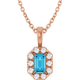 14K Gold Emerald Natural Aquamarine Halo-Style Necklace or Pendant - Rose Gold