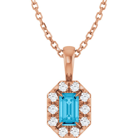 14K Gold Emerald Natural Aquamarine Halo-Style Necklace or Pendant - Rose Gold