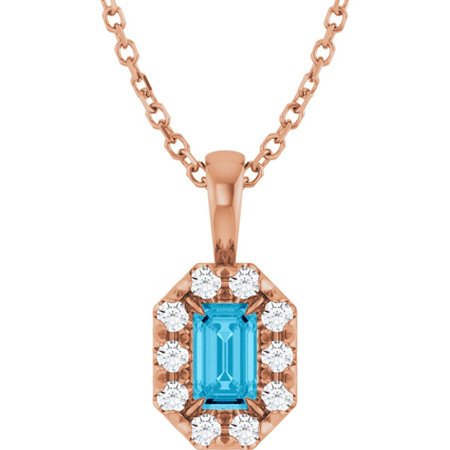 14K Gold Emerald Natural Aquamarine Halo-Style Necklace or Pendant - Rose Gold