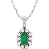14K Gold Emerald Natural Emerald Halo-Style Necklace or Pendant - White Gold