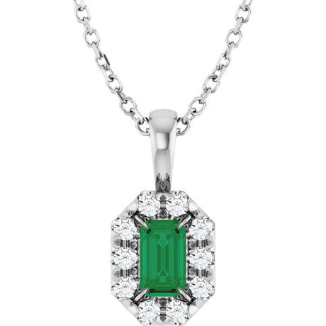 14K Gold Emerald Natural Emerald Halo-Style Necklace or Pendant - White Gold
