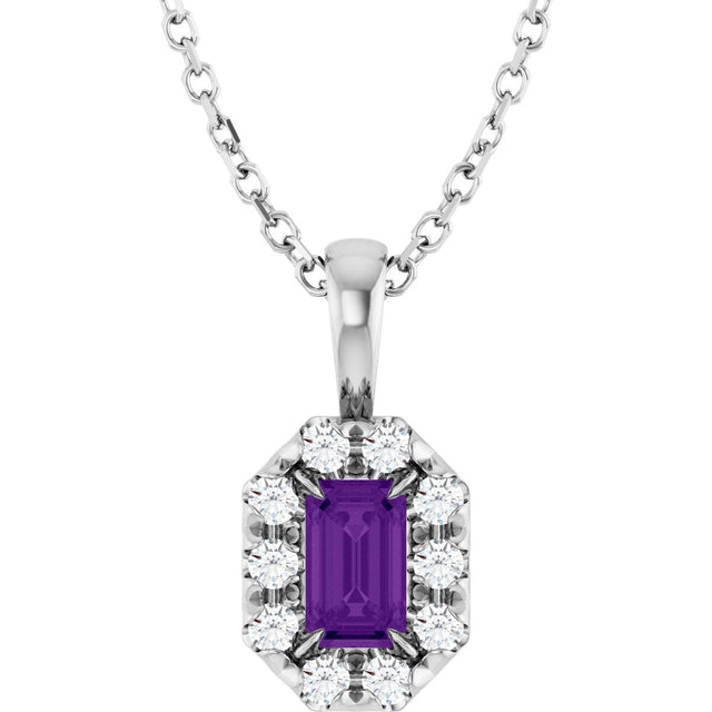 Platinum Emerald Natural Amethyst Halo-Style Necklace or Pendant