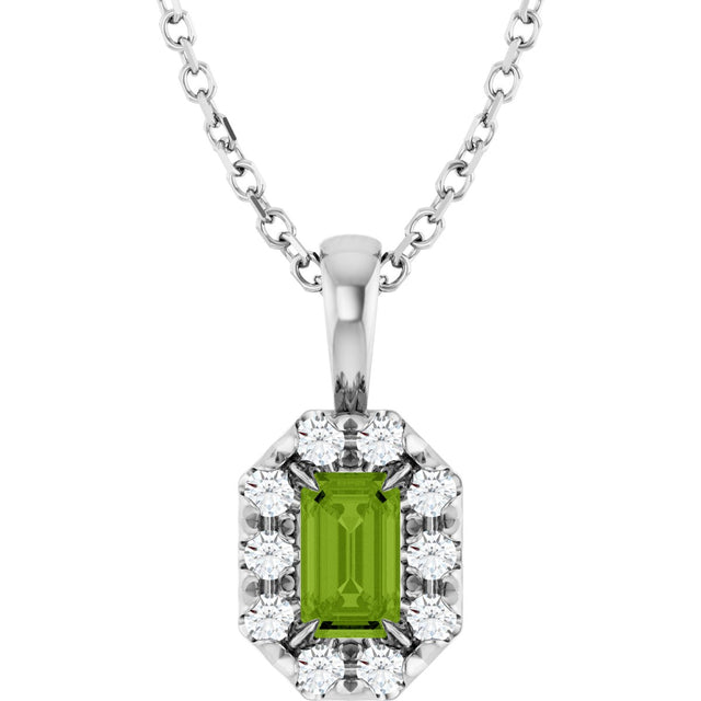 Platinum Emerald Natural Peridot Halo-Style Necklace or Pendant