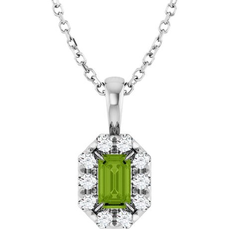 14K Gold Emerald Natural Peridot Halo-Style Necklace or Pendant - White Gold