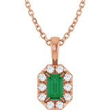 14K Gold Emerald Natural Emerald Halo-Style Necklace or Pendant - Rose Gold