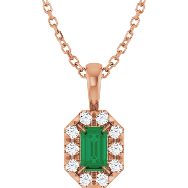 14K Gold Emerald Natural Emerald Halo-Style Necklace or Pendant - Rose Gold