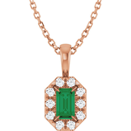 14K Gold Emerald Lab-Grown Emerald Halo-Style Necklace or Pendant - Rose Gold