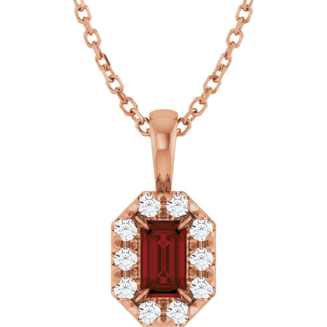 14K Gold Emerald Natural Mozambique Garnet Halo-Style Necklace or Pendant - Rose Gold